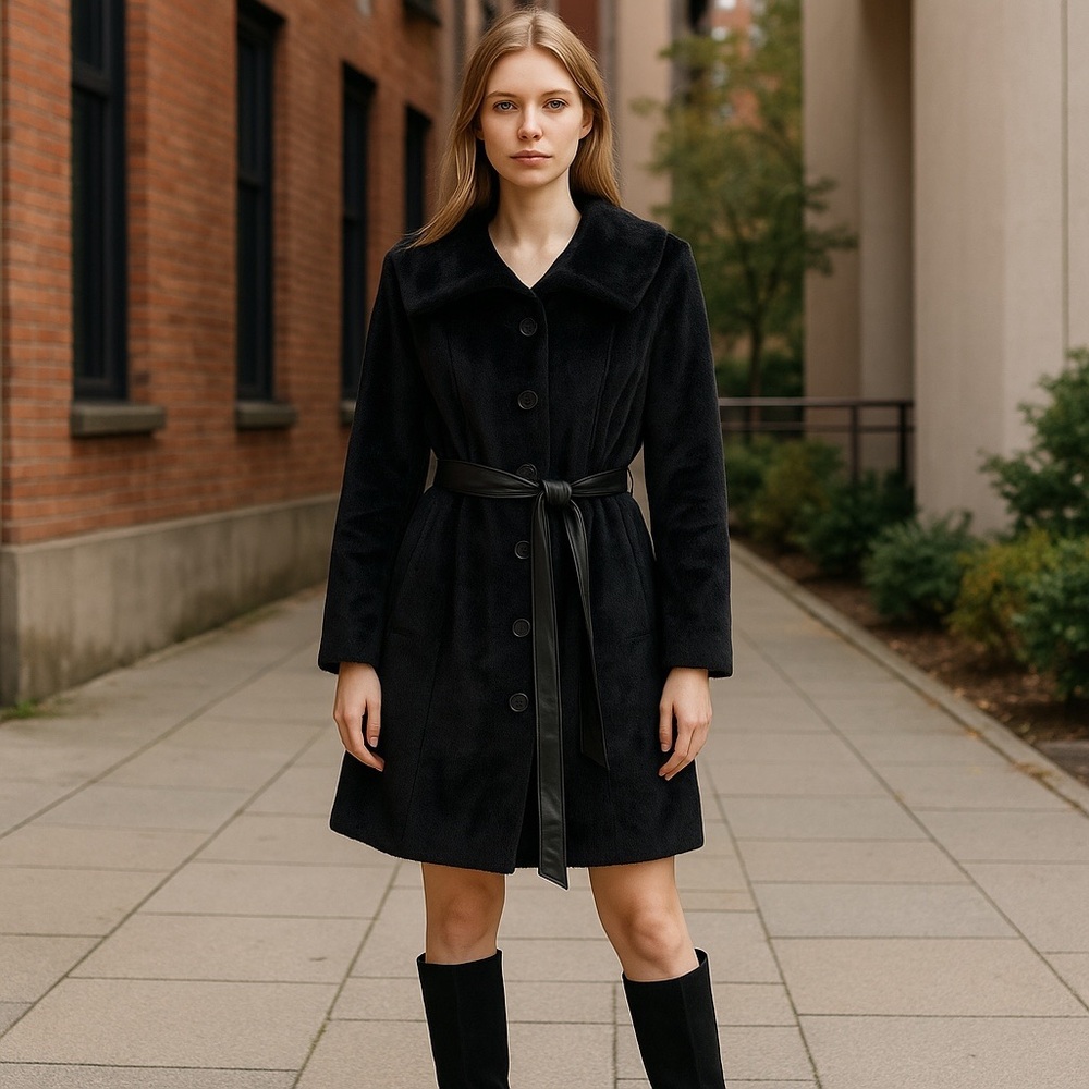 PAMELA MCCOY BLACK LONGLINE FAUX FUR COAT
